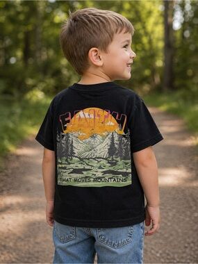Kids Black Graphic Tee with Sunset Mountain Print